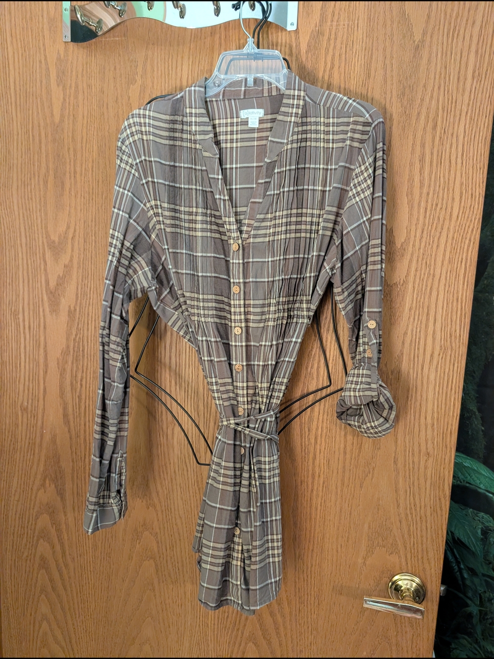Plaid Pintuck Button-Front Tie-Waist Women's Top - Brown